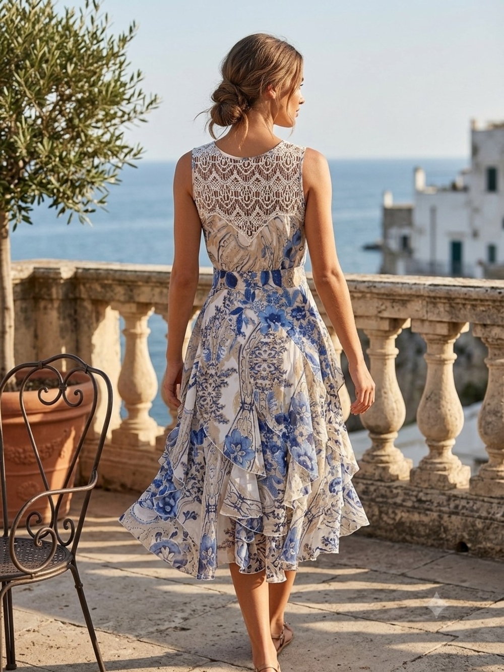 Cleo Petites Blue White Tan Floral Lace-Back Flowy Midi Dress Sz 12P
